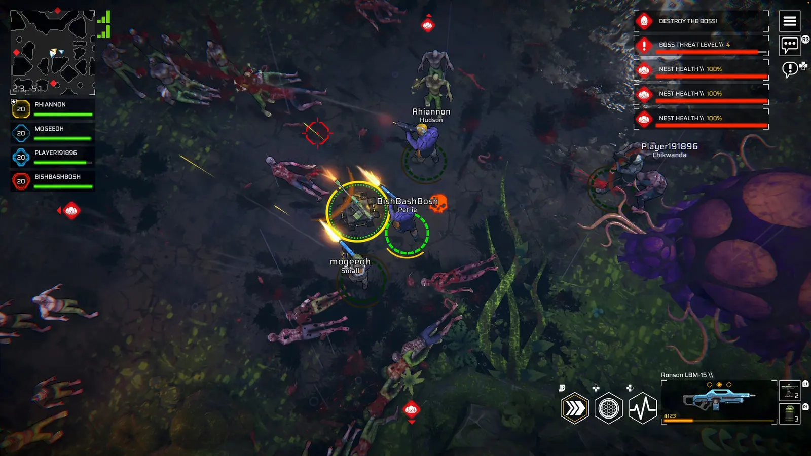 Armored mercenaries firing into a zombie crowd in Zombie Assault: Resurgence